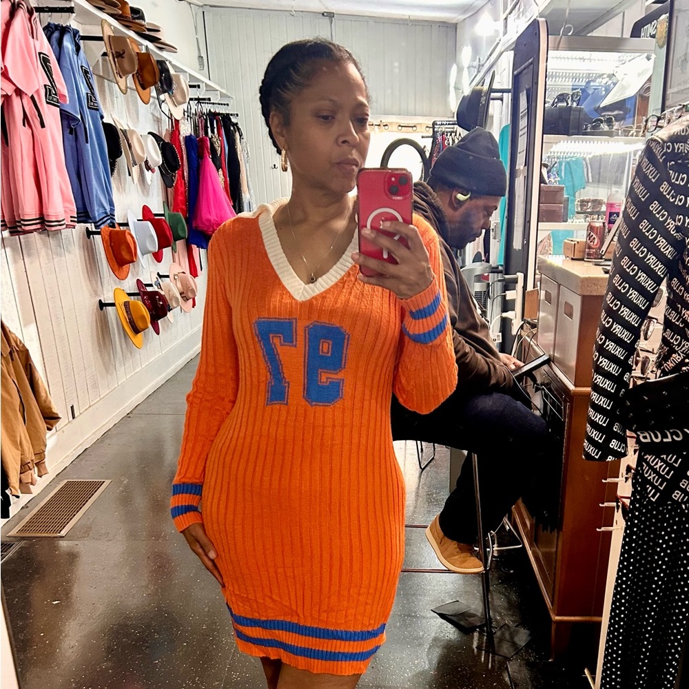 Fashion Nova Orange and Blue Long Sleeve Dress